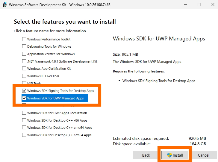 インストールする機能の選択